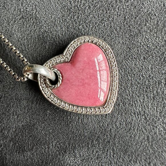 David Yurman Large Pink Heart Pendant Necklace w/ Rhodonite & White Diamonds 18" - Picture 8 of 16